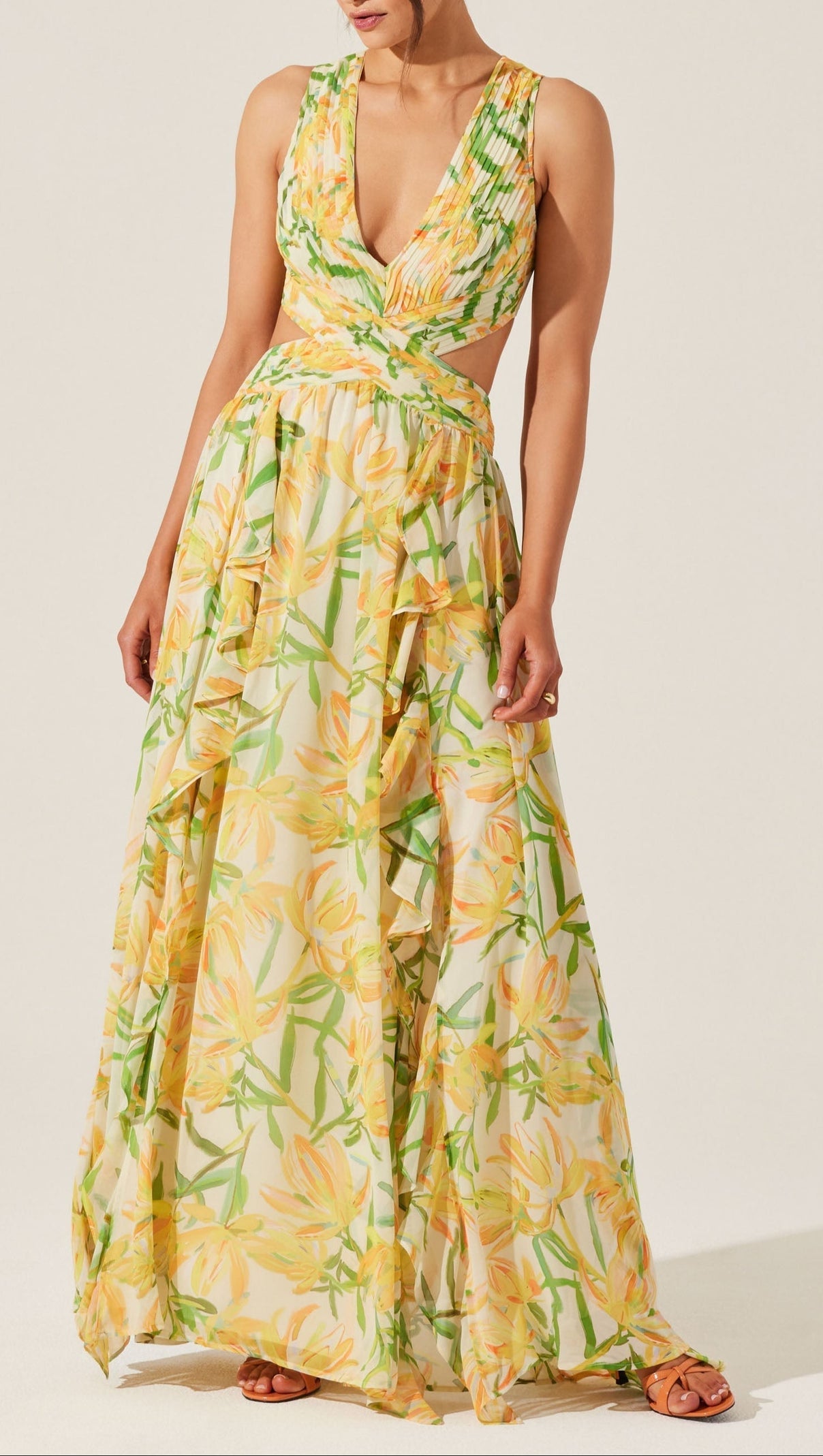 AIIZIE ALYSSA RUFFLE FLORAL CUTOUT MAXI DRESS IN YELLOW - product image