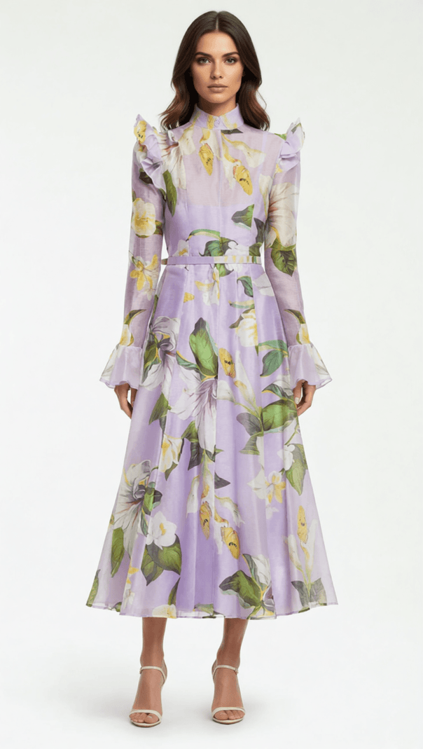 AIIZIE Isolda Lavender Floral Ruffled Midi Dress – Elegant Long Sleeve Button-Down - product image