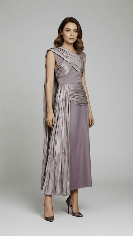 IHSAN LUXURIOUS MAUVE RUCHED & DRAPED MAXI DRESS | ELEGANT EVENING GOWN