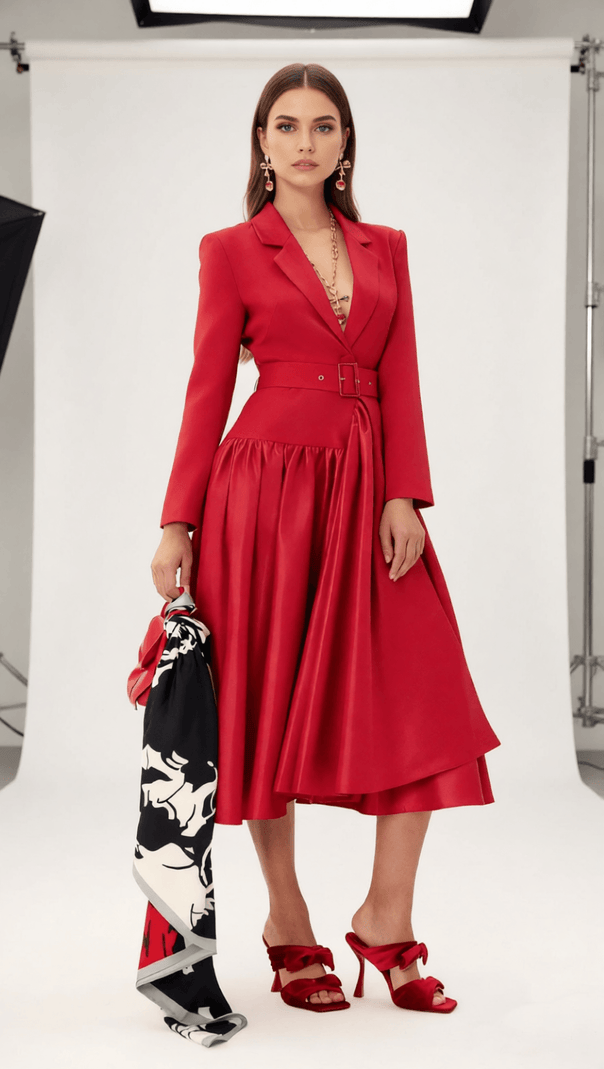 AIIZIE Imogen Red Long Sleeve Belted Blazer Dress - Power & Elegance - product image