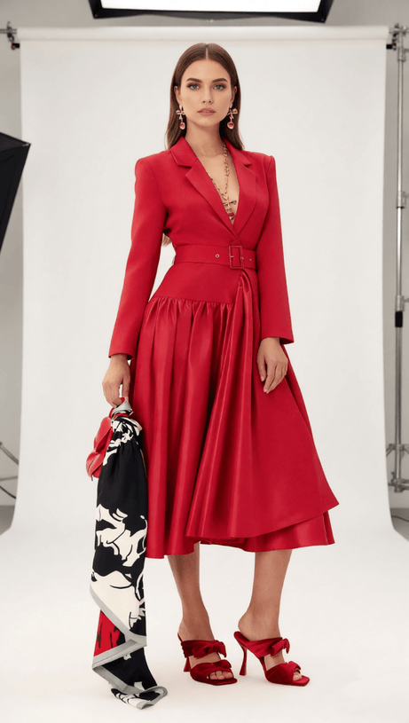 Imogen Red Long Sleeve Belted Blazer Dress - Power & Elegance