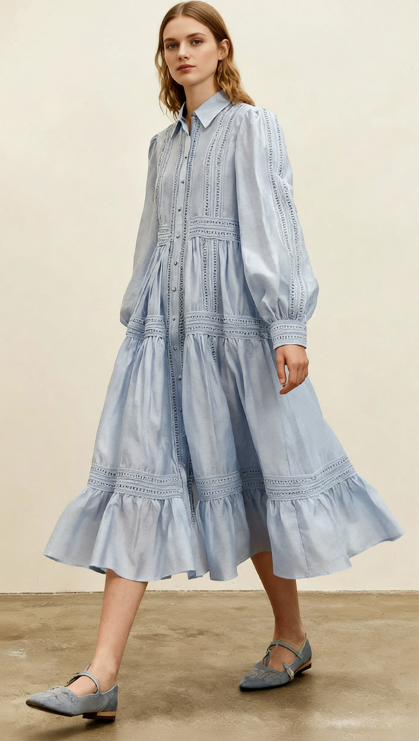 AIIZIE Izumi Sky Blue Lace Tiered Midi Shirtdress | Elegant Long Sleeve Dress for Women - product image