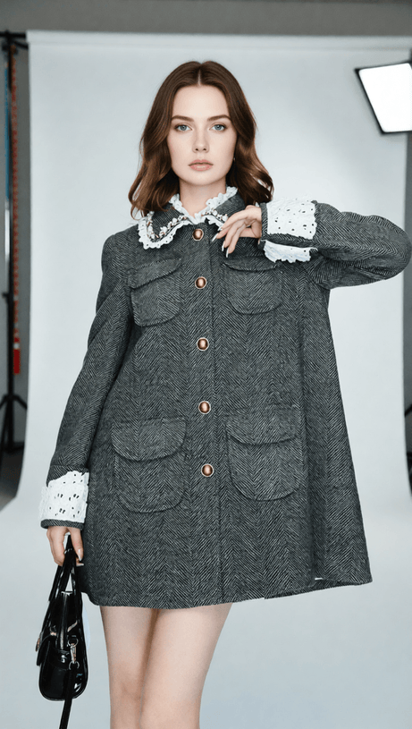 Ioan Chic Grey Patchwork Coat with Gold Buttons - Women's Herringbone Outerwear