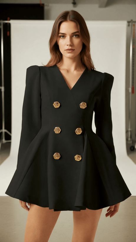 Ilene White Double-Breasted Blazer Mini Dress | Gold Rose Buttons