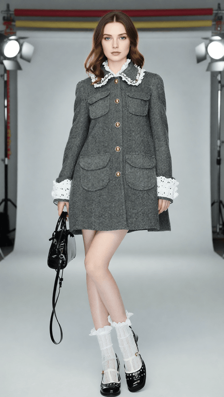 Ioan Chic Grey Patchwork Coat with Gold Buttons - Women's Herringbone Outerwear