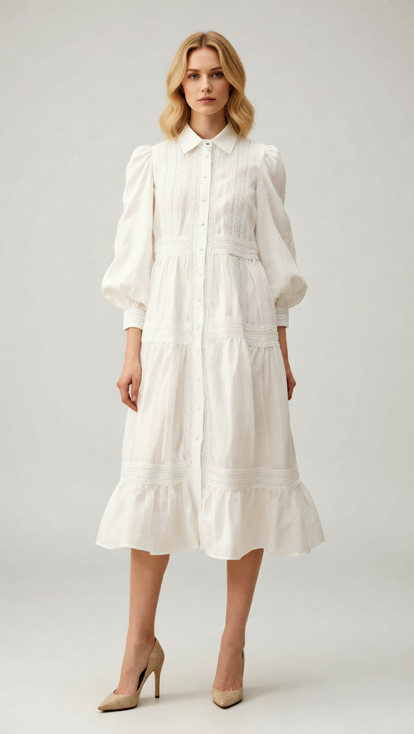 AIIZIE Izumi Sky Blue Lace Tiered Midi Shirtdress | Elegant Long Sleeve Dress for Women - product image