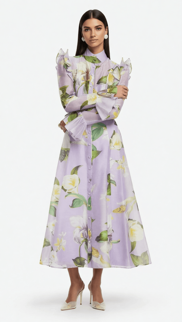 AIIZIE Isolda Lavender Floral Ruffled Midi Dress – Elegant Long Sleeve Button-Down - product image