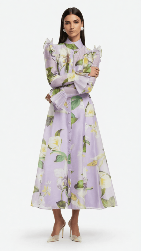 Isolda Lavender Floral Ruffled Midi Dress – Elegant Long Sleeve Button-Down