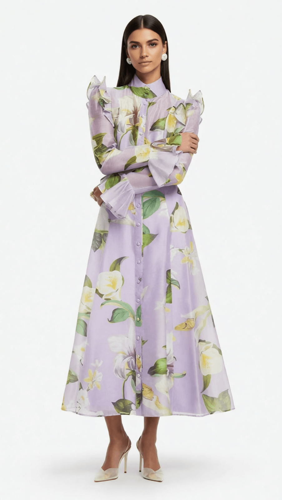 Isolda Lavender Floral Ruffled Midi Dress – Elegant Long Sleeve Button-Down