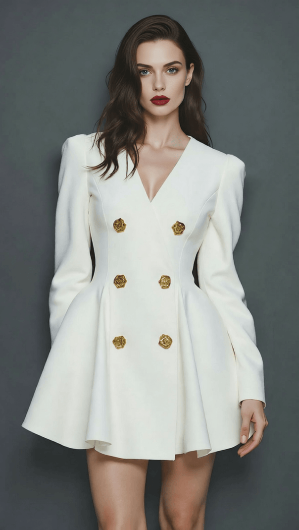 AIIZIE Ilene White Double-Breasted Blazer Mini Dress | Gold Rose Buttons - product image