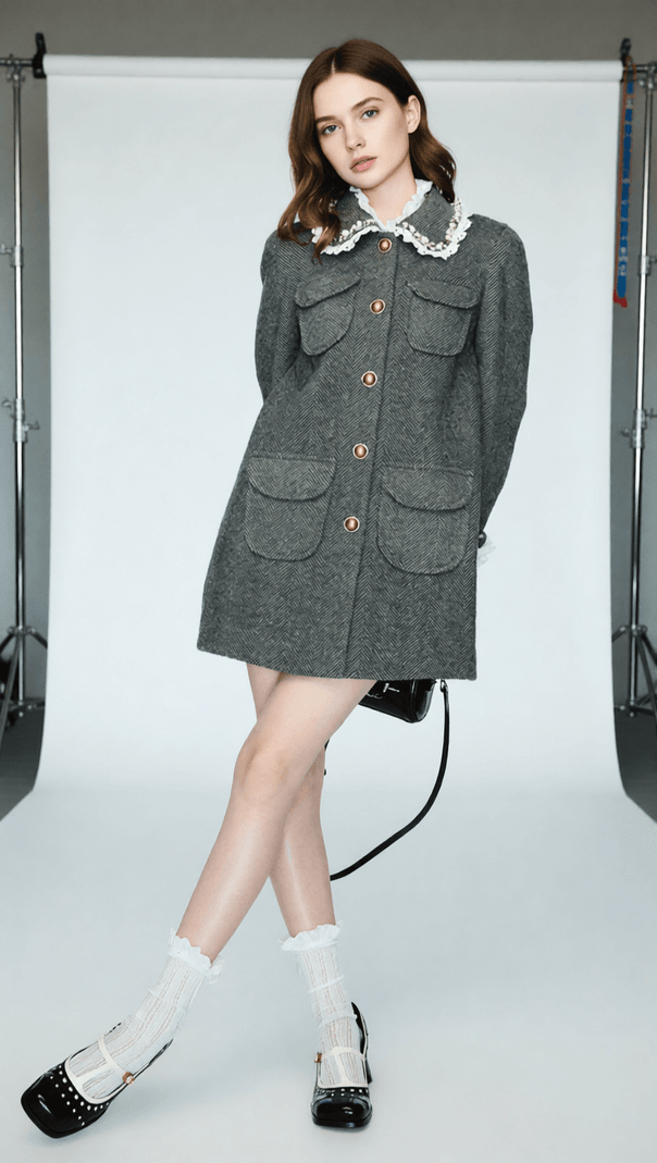 Ioan Chic Grey Patchwork Coat with Gold Buttons - Women's Herringbone Outerwear