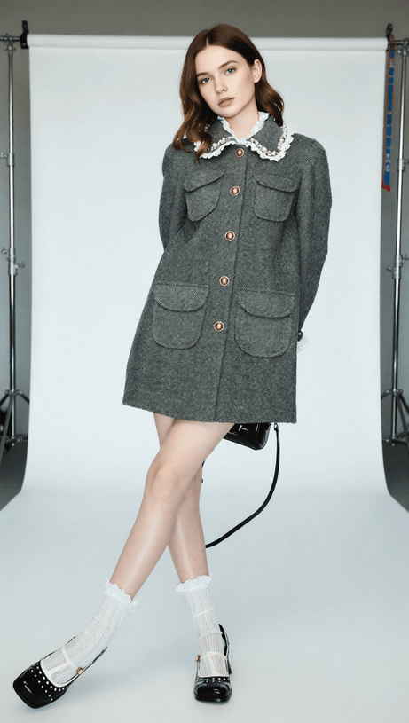 Ioan Chic Grey Patchwork Coat with Gold Buttons - Women's Herringbone Outerwear