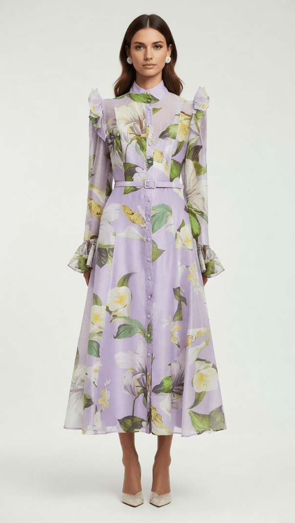 AIIZIE Isolda Lavender Floral Ruffled Midi Dress – Elegant Long Sleeve Button-Down - product image