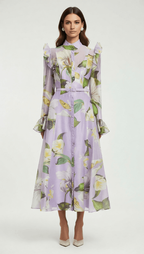 Isolda Lavender Floral Ruffled Midi Dress – Elegant Long Sleeve Button-Down