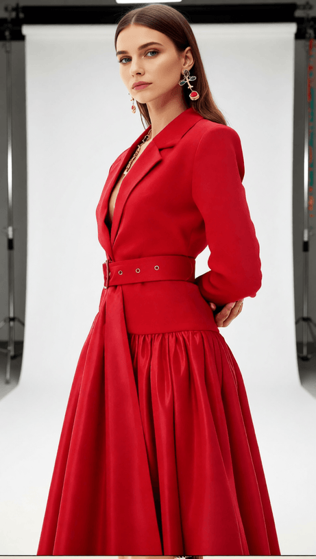 Imogen Red Long Sleeve Belted Blazer Dress - Power & Elegance
