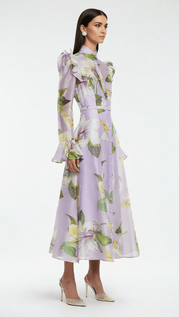 AIIZIE Isolda Lavender Floral Ruffled Midi Dress – Elegant Long Sleeve Button-Down - product image