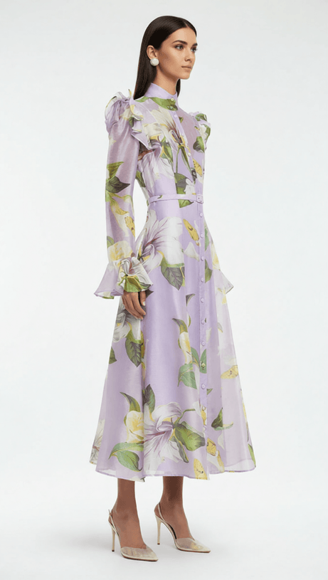 Isolda Lavender Floral Ruffled Midi Dress – Elegant Long Sleeve Button-Down