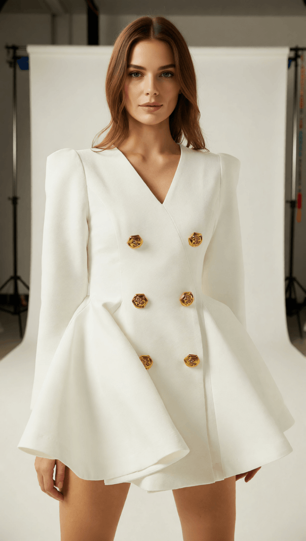 AIIZIE Ilene White Double-Breasted Blazer Mini Dress | Gold Rose Buttons - product image