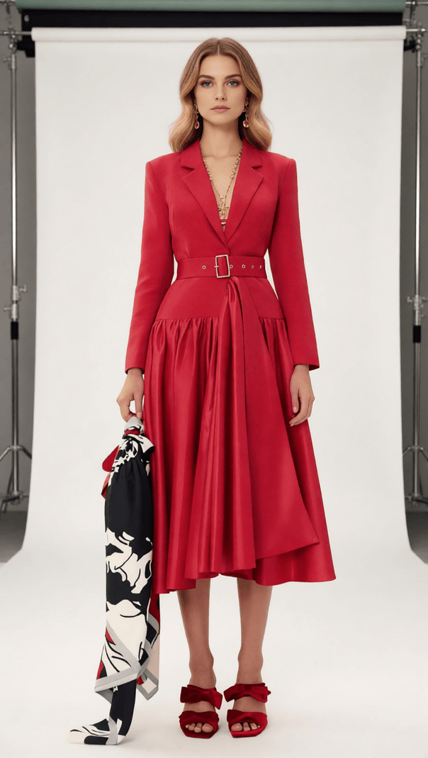 AIIZIE Imogen Red Long Sleeve Belted Blazer Dress - Power & Elegance - product image