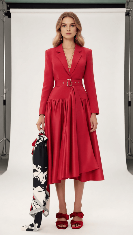 Imogen Red Long Sleeve Belted Blazer Dress - Power & Elegance