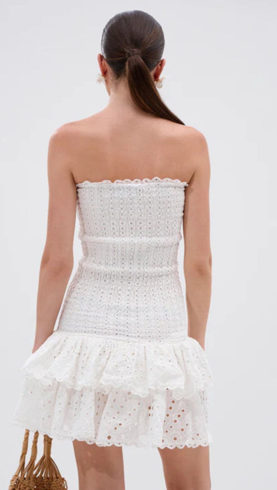 EYELET LAYERED STRAPLESS MINI DRESS IN WHITE