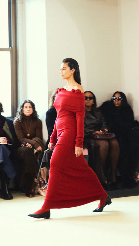 OFF-SHOULDER FLORAL EMBELLISHED RUCHED MAXI DRESS IN RED