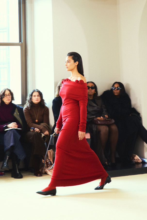 AIIZIE OFF-SHOULDER FLORAL EMBELLISHED RUCHED MAXI DRESS IN RED - product image
