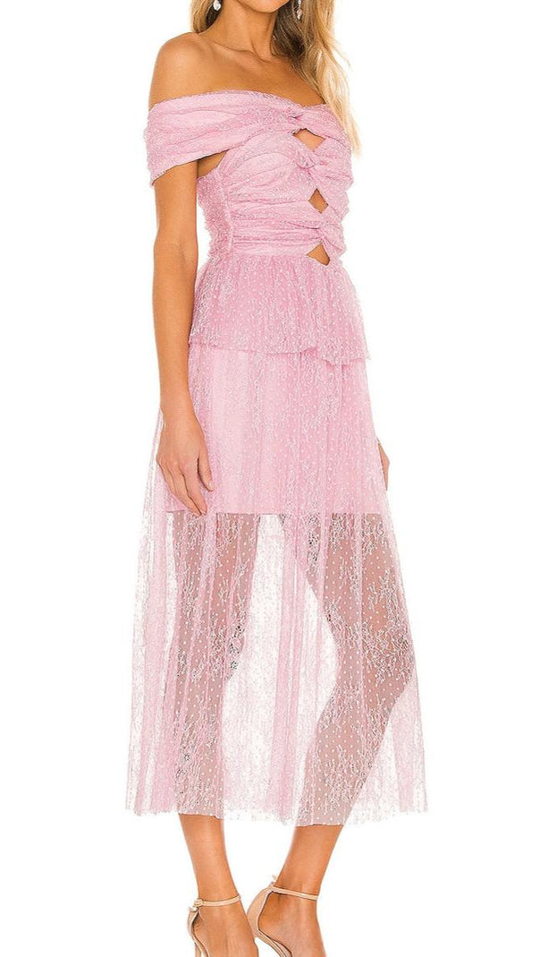 AIIZIE LACE CUTOUT STRAPLESS MIDI DRESS IN LILAC - product image