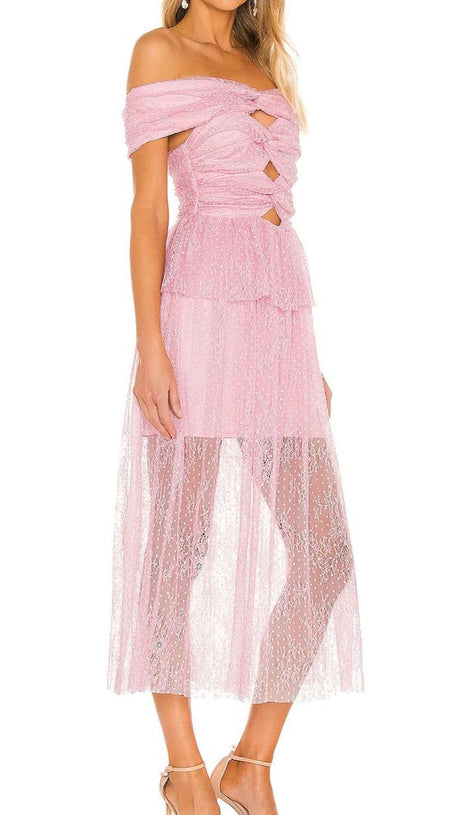 LACE CUTOUT STRAPLESS MIDI DRESS IN LILAC