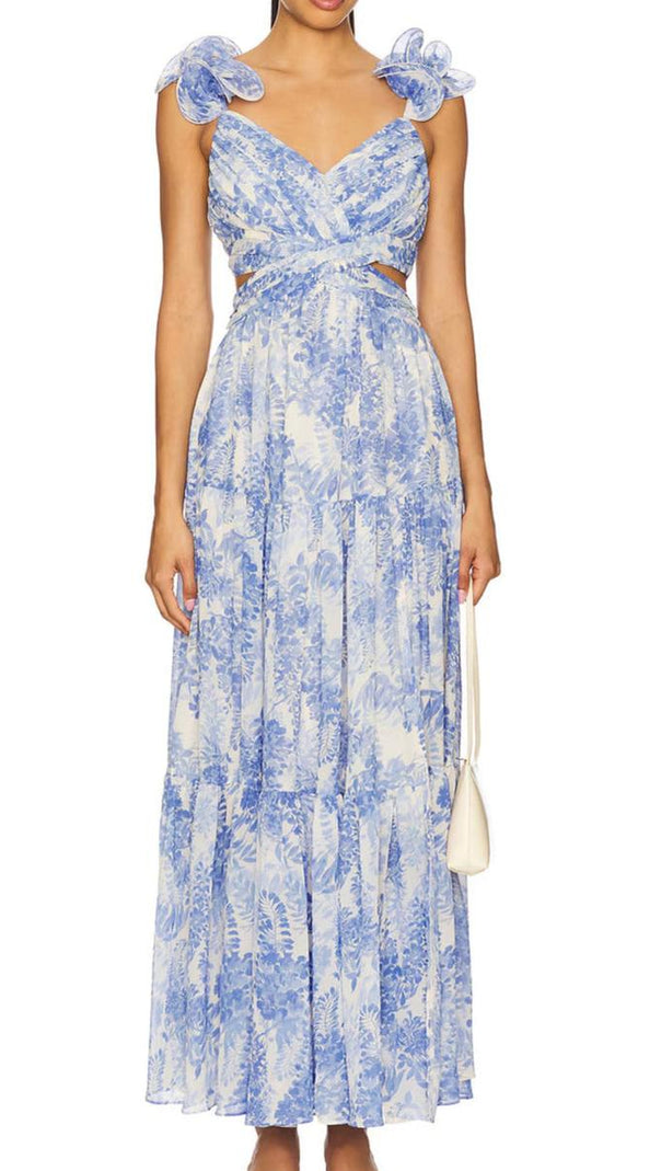 AIIZIE V -NECK FLORAL PRINT CUTOUT MAXI DRESS IN BLUE - product image