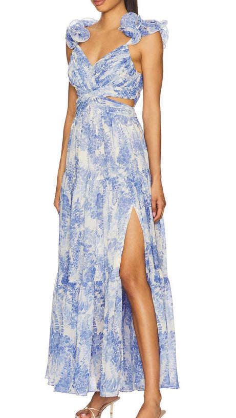 Maxikleid mit V-Ausschnitt und Blumenmuster in Blau