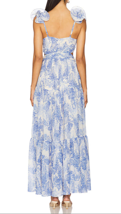 Maxikleid mit V-Ausschnitt und Blumenmuster in Blau