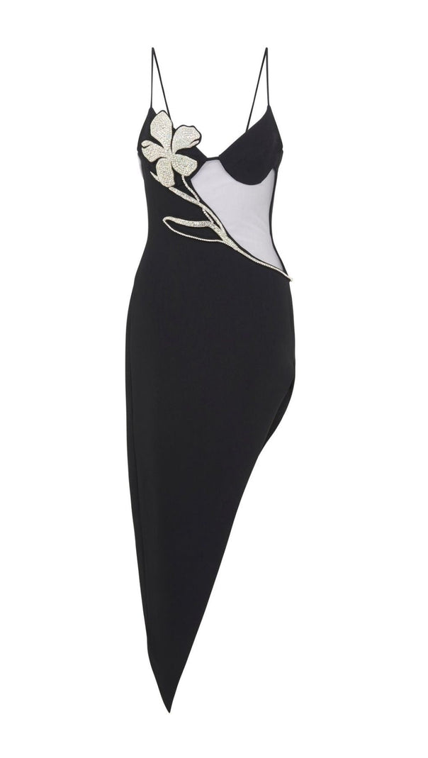 Asymmetric Crystal Flower Dress in Black