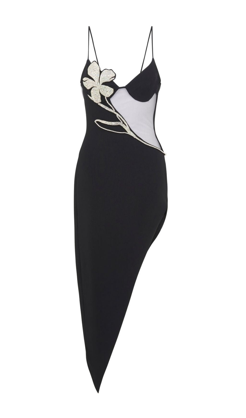 ASYMMETRISCHES KLEID MIT KRISTALLBLUMEN IN SCHWARZ