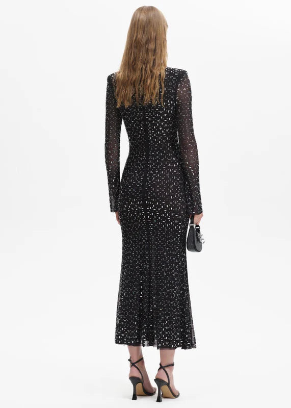 CRYSTAL EMBELLISHED MESH MIDI DRESS IN BLACK