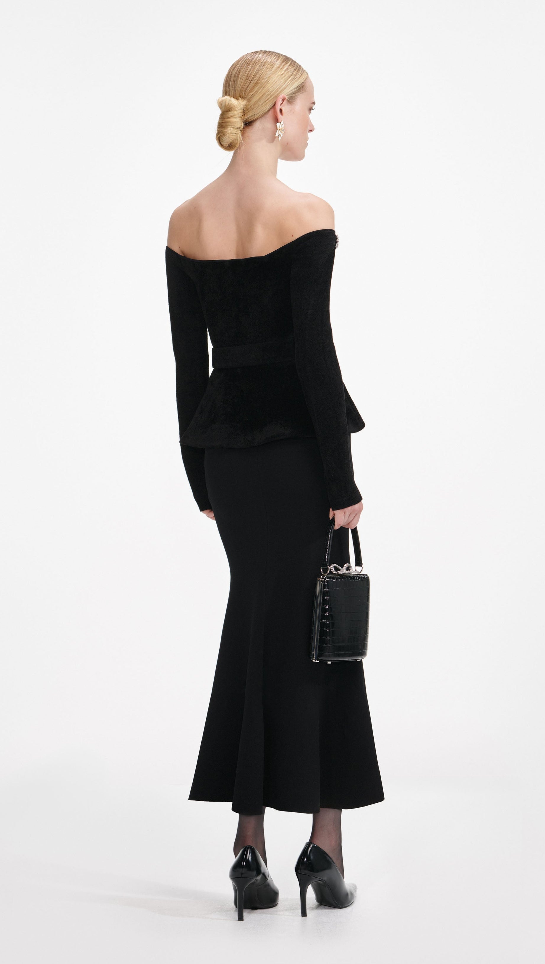 XAVIERA BLACK CHENILLE KNIT CRYSTAL TRIM MIDI DRESS