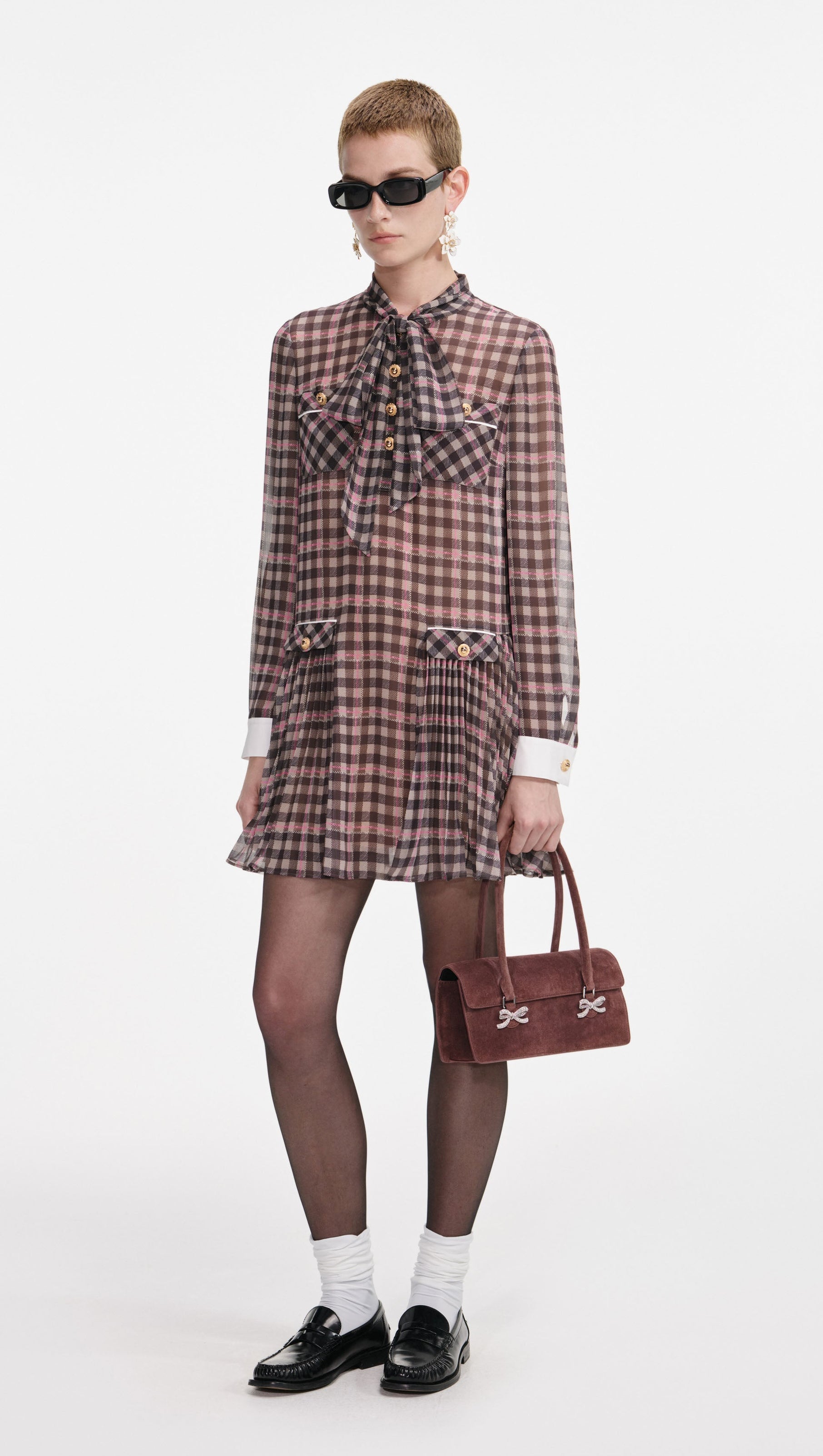 AIIZIE FRANCES BROWN CHECK CHIFFON MINI DRESS - product image