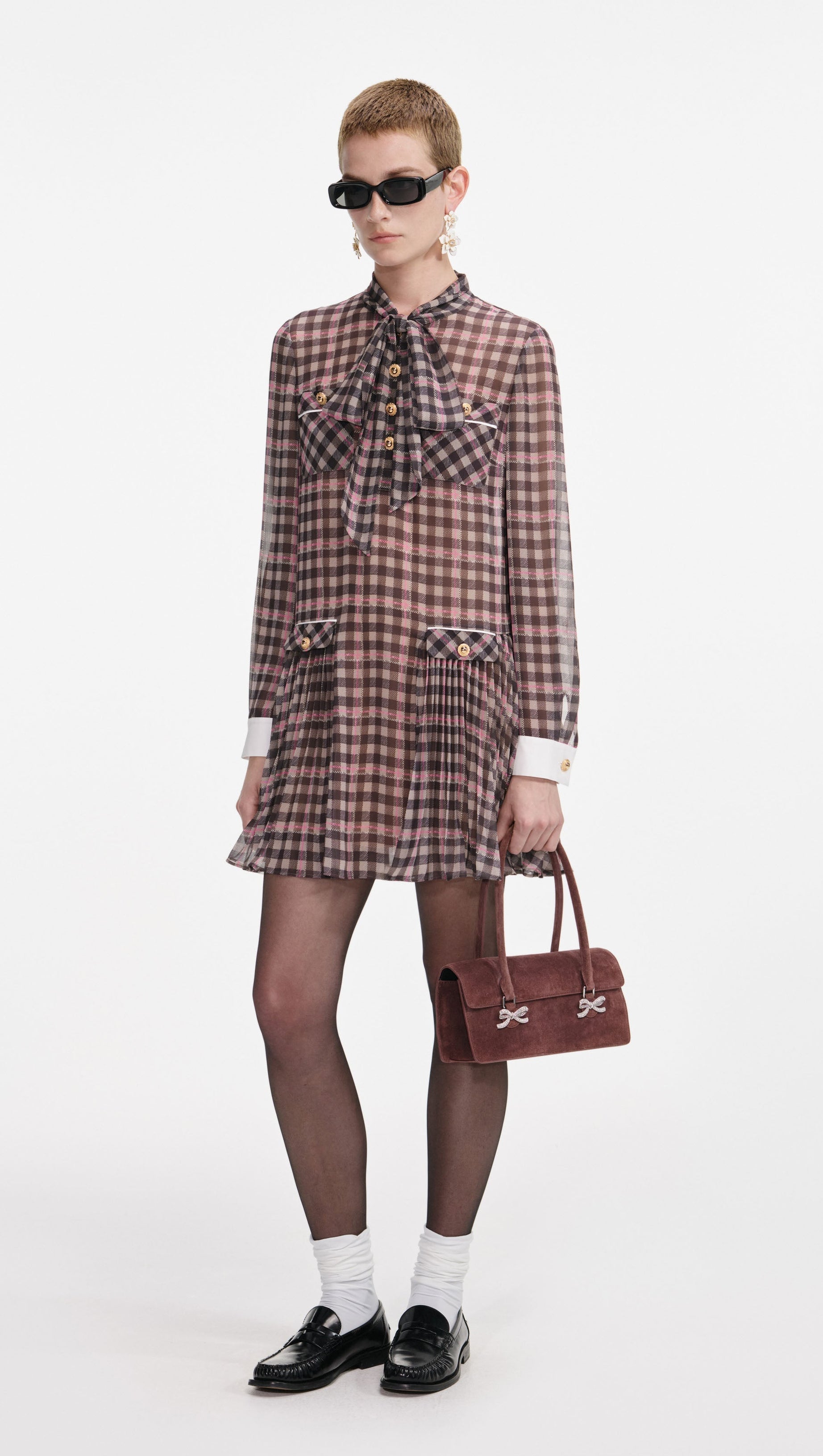 FRANCES BROWN CHECK CHIFFON MINI DRESS