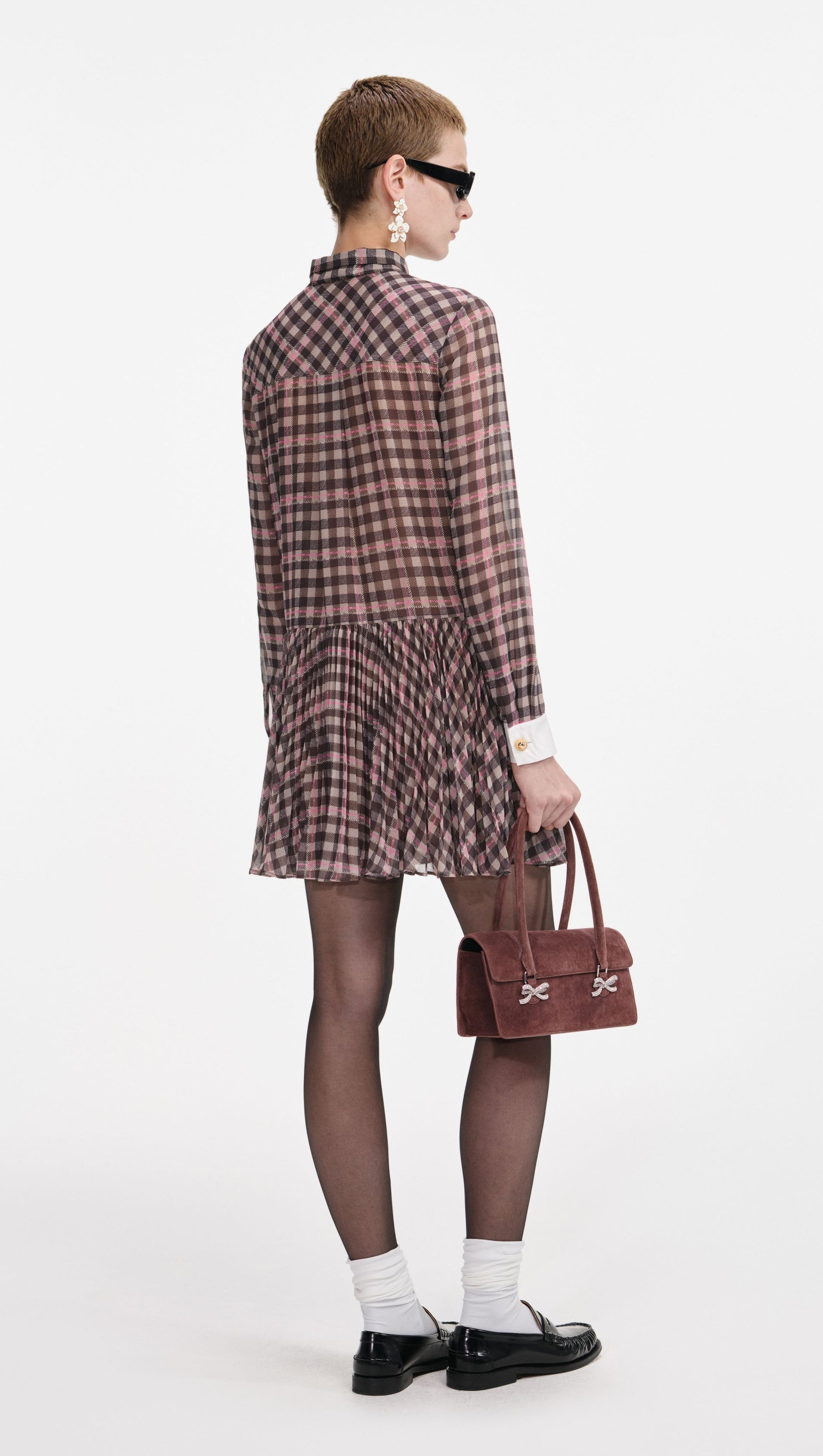 AIIZIE FRANCES BROWN CHECK CHIFFON MINI DRESS - product image