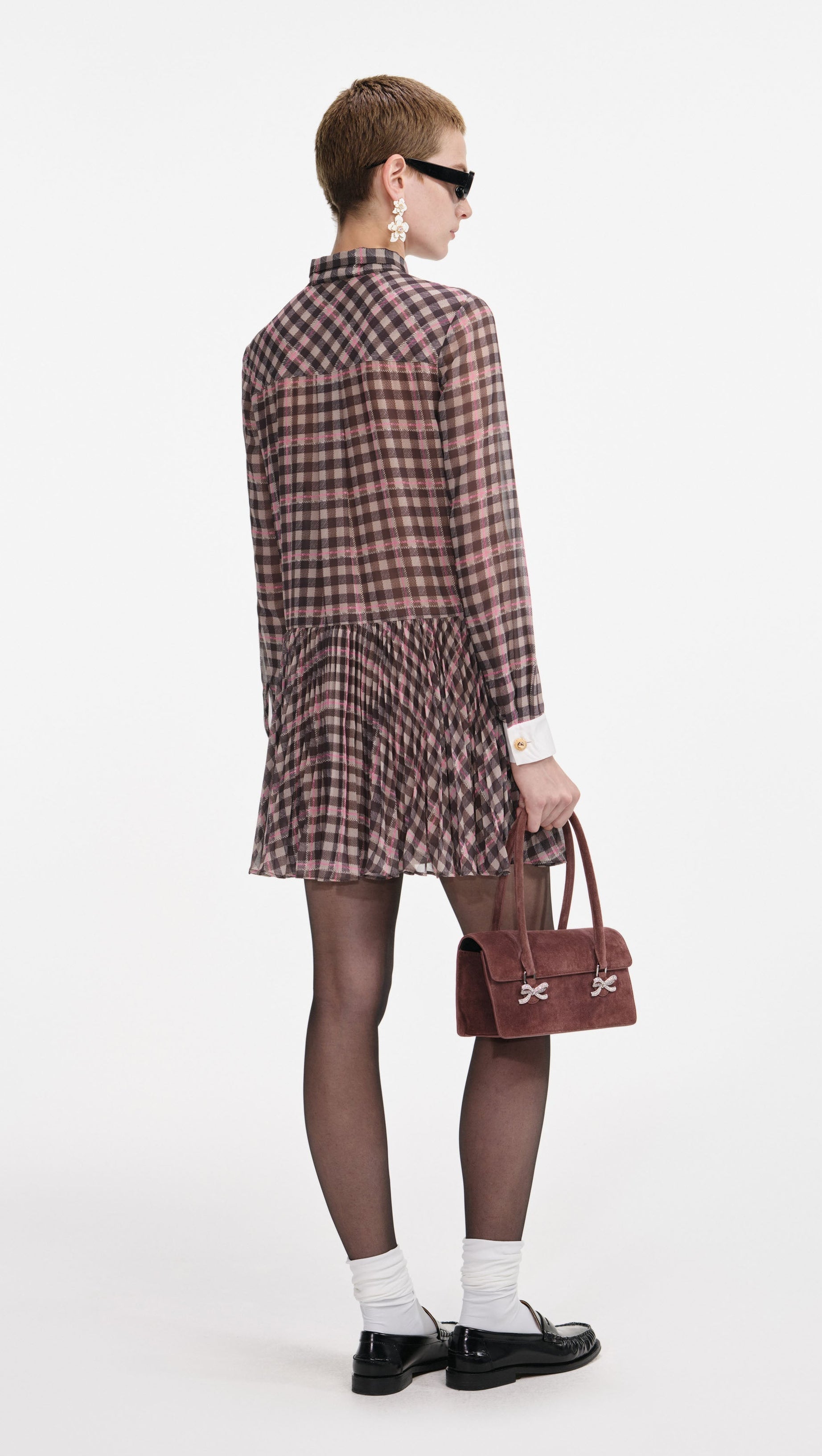FRANCES BROWN CHECK CHIFFON MINI DRESS