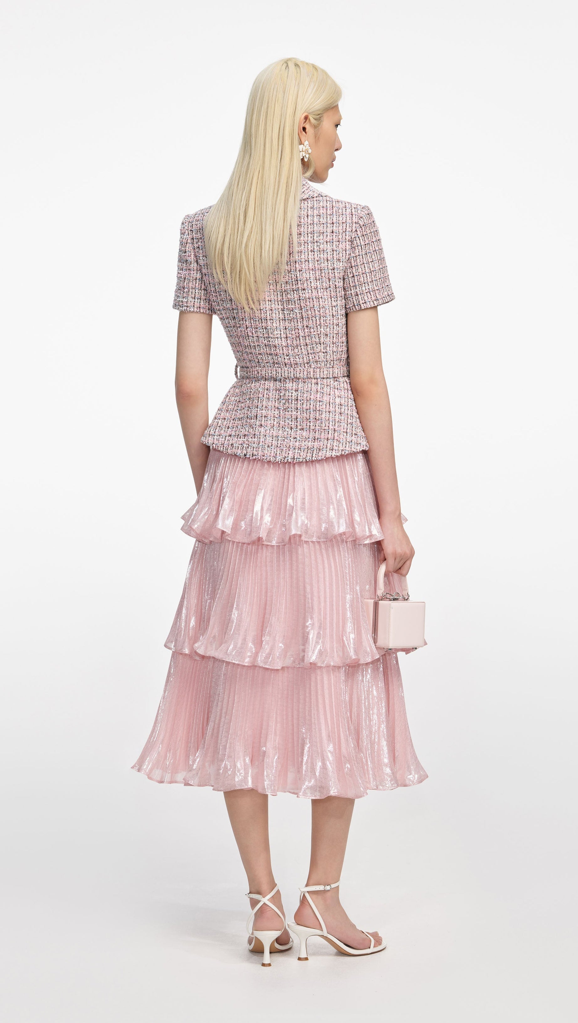 BEULAH PINK BOUCLE METALLIC TIERED MIDI DRESS