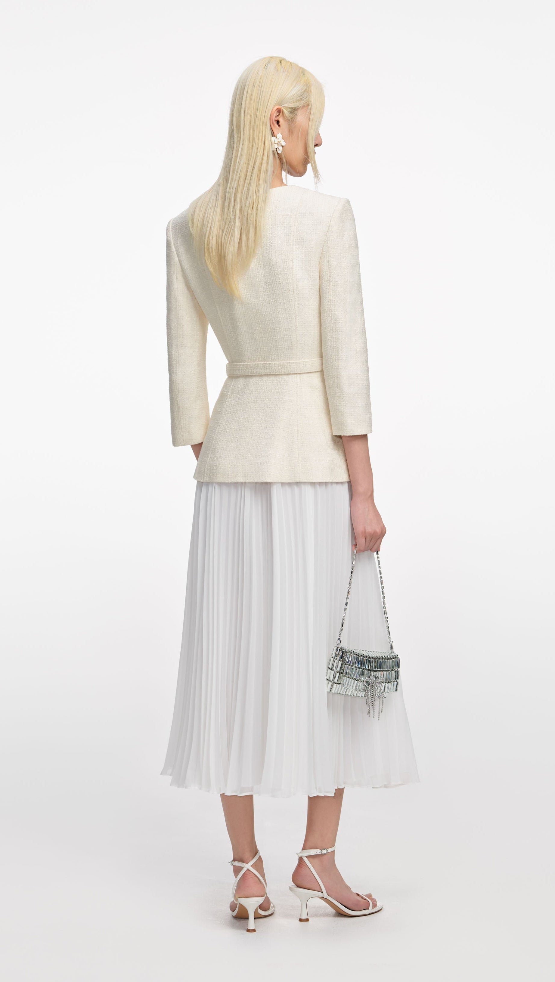 YURI CREAM BOUCLE LONG SLEEVE CHIFFON MIDI DRESS