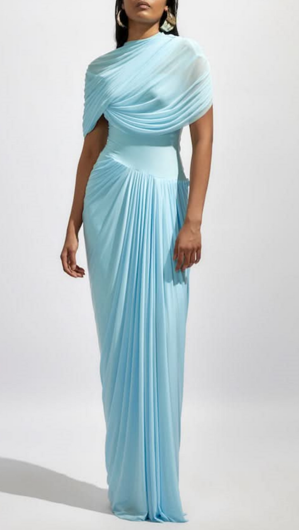 Aakifa – Asymmetrisches, drapiertes Maxikleid in Babyblau