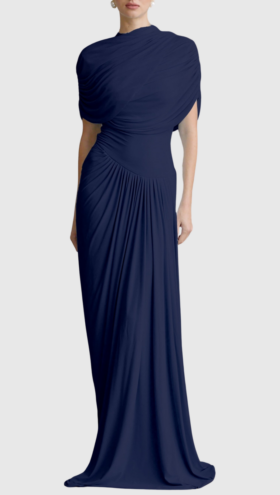 AAKIFA ASYMMETRIC DRAPED MAXI DRESS IN NAVY BLUE