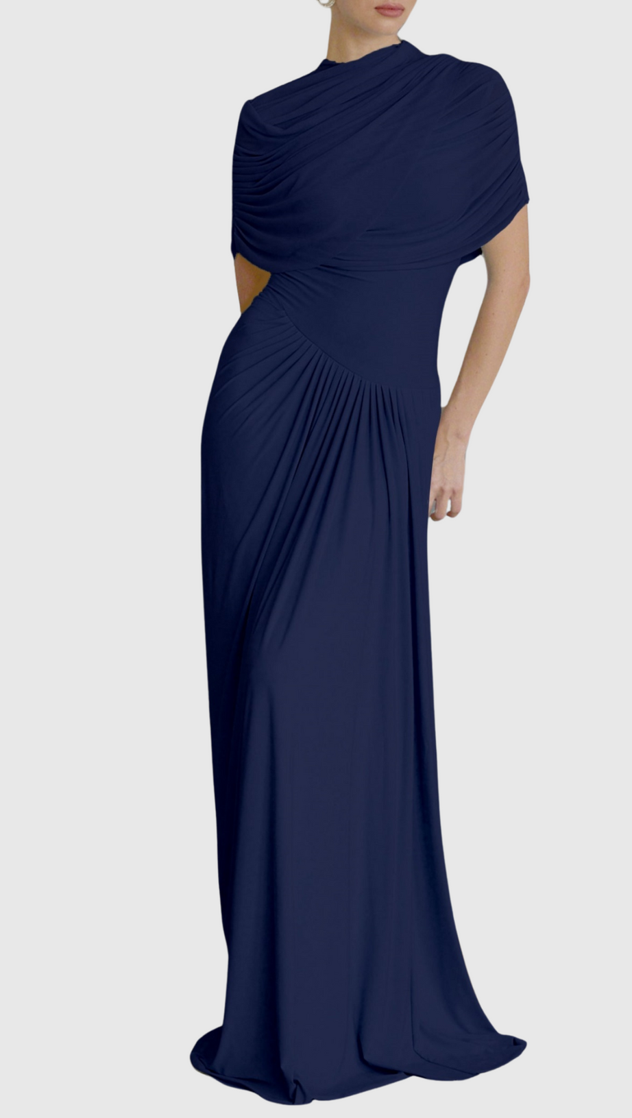 AAKIFA ASYMMETRIC DRAPED MAXI DRESS IN NAVY BLUE