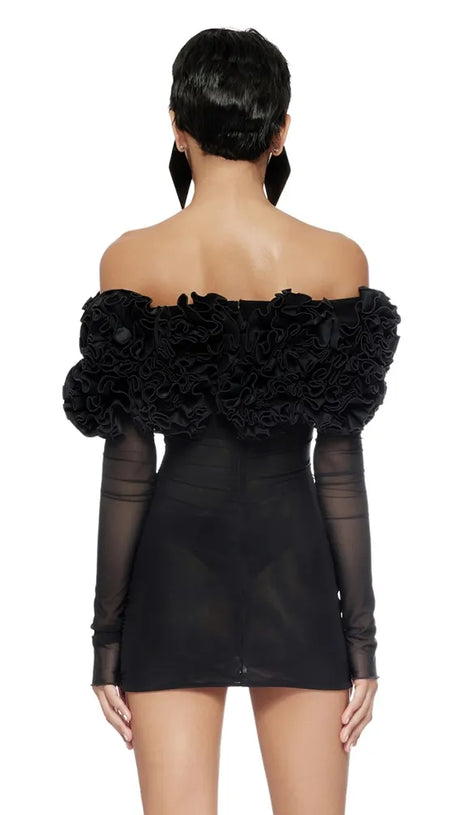 AMITY LONG SLEEVE TULLE FLORAL BARDOT DRESS IN BLACK