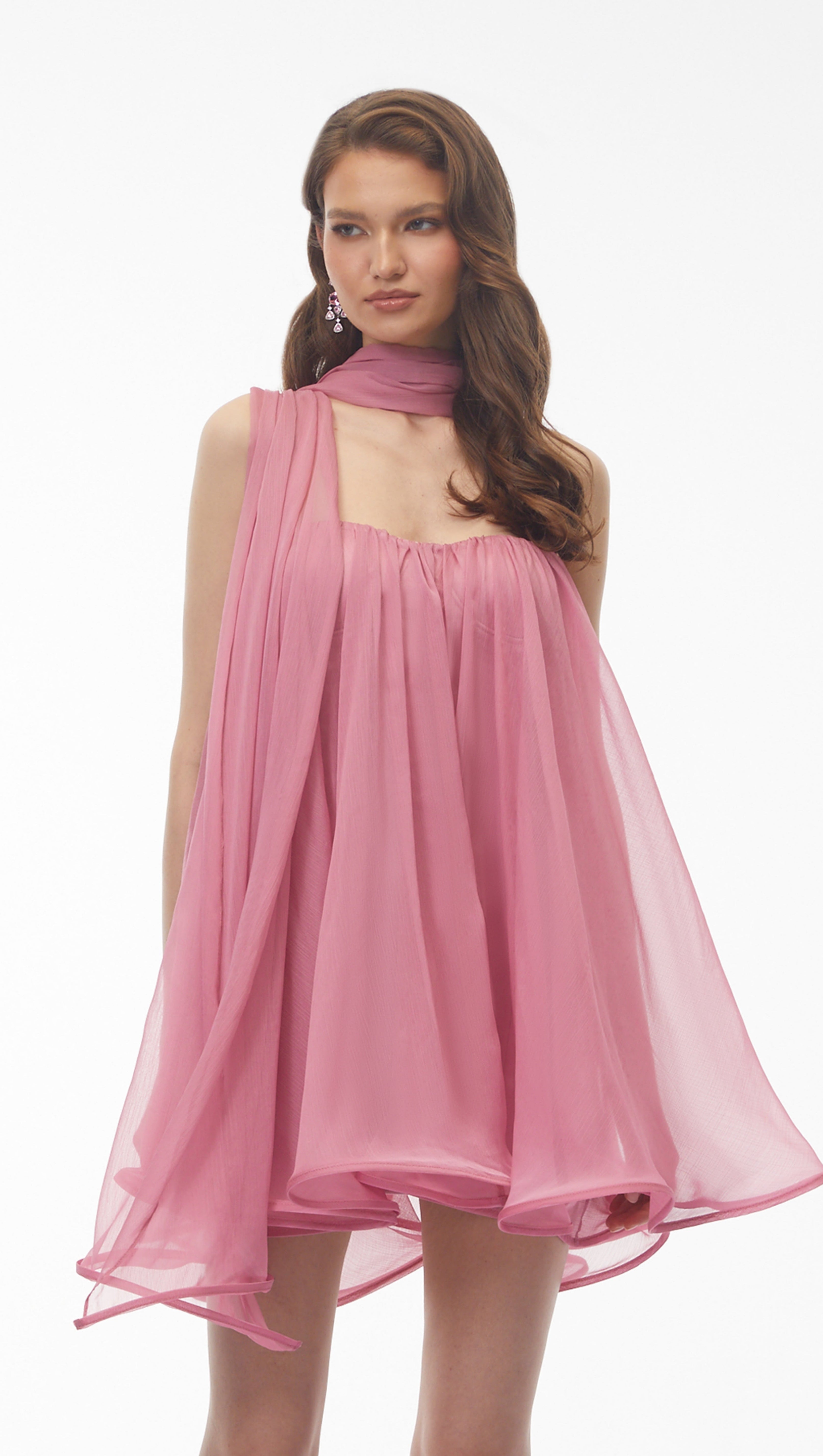Rose Pink Off Shoulder Ruched Mini Dress with Ribbon