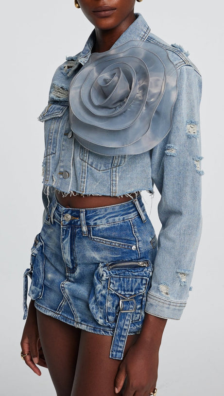 ALAIAO TORN FLOWER DENIM JACKET IN BLUE