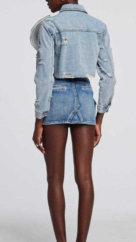 ALAIAO TORN FLOWER DENIM JACKET IN BLUE
