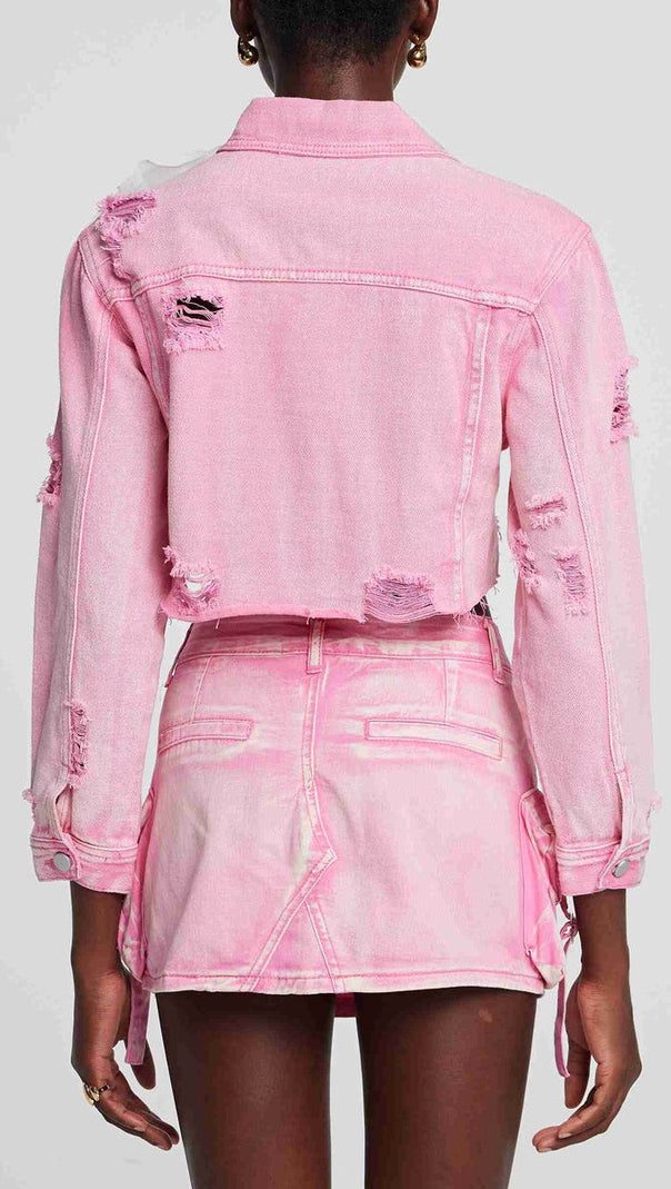 Alaiao – Jeansjacke mit zerrissenen Blumen in Rosa